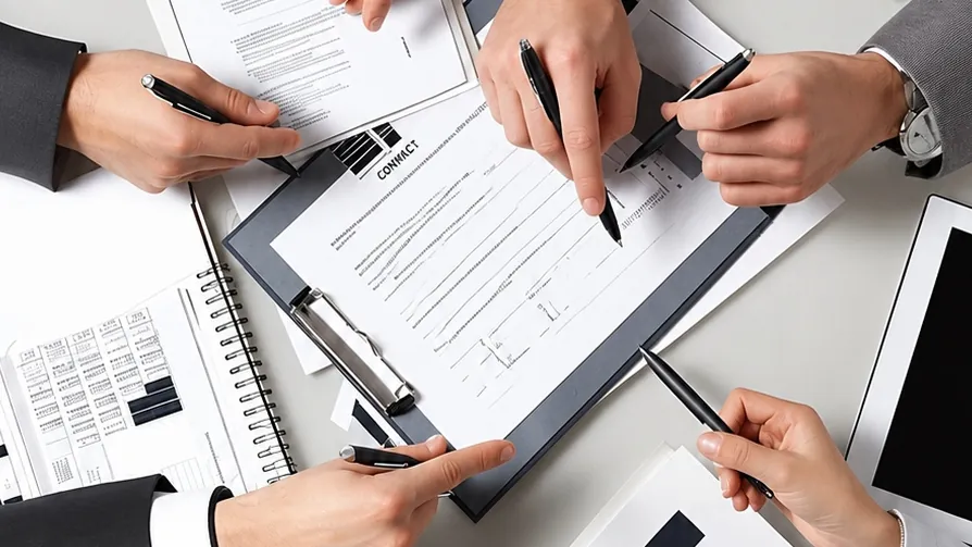 Reunião de trabalho com contratos e documentos sobre a mesa